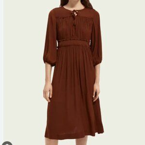 scotch and soda ruffled midi-length dress in brown
